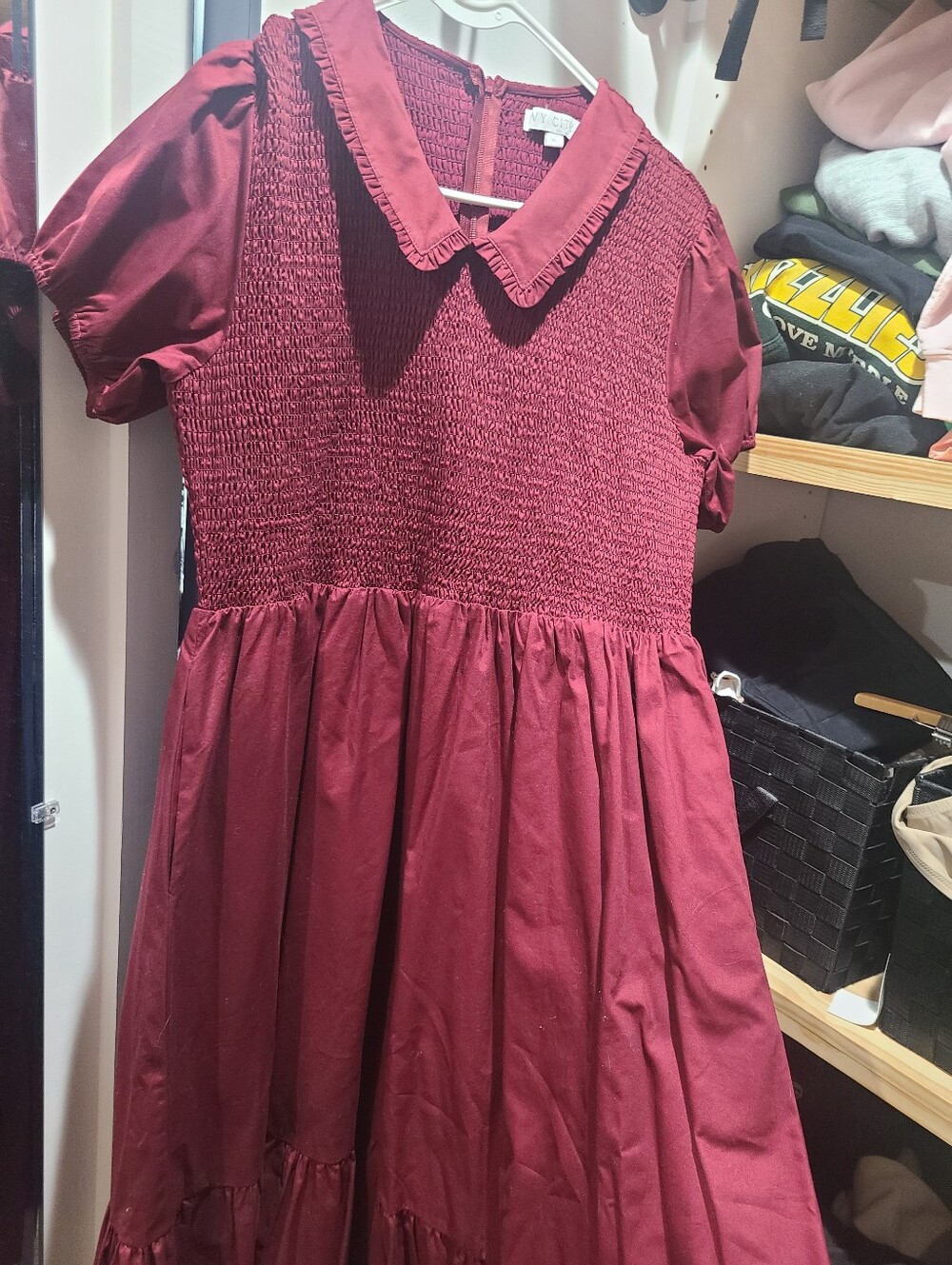 ivy citySmocked Burgundy Dress with Peter Pan Collar